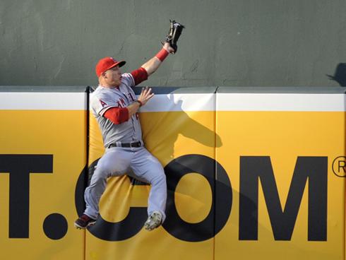 Angels'' Mike Trout makes a leaping catch to rob Orioles shortstop J.J. Hardy of a home run.