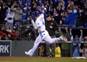 Oct 27, 2015; Kansas City, MO, USA; Kansas City Royals left fielder Alex Gordon (4) reacts after hitting a solo home run against the New York Mets in the 9th inning in game one of the 2015 World Series at Kauffman Stadium. Mandatory Credit: John Rieger-USA TODAY Sports